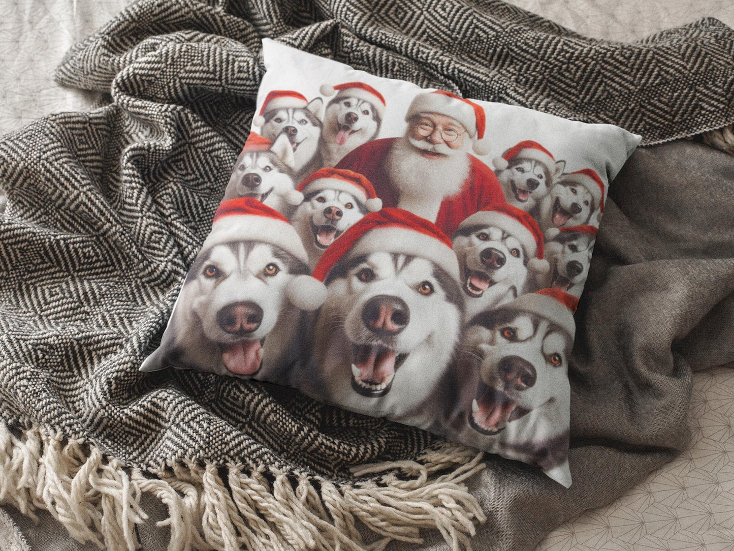 Fun Christmas Husky Cushion. Unique home decor this festive season with my fun images created by myself.