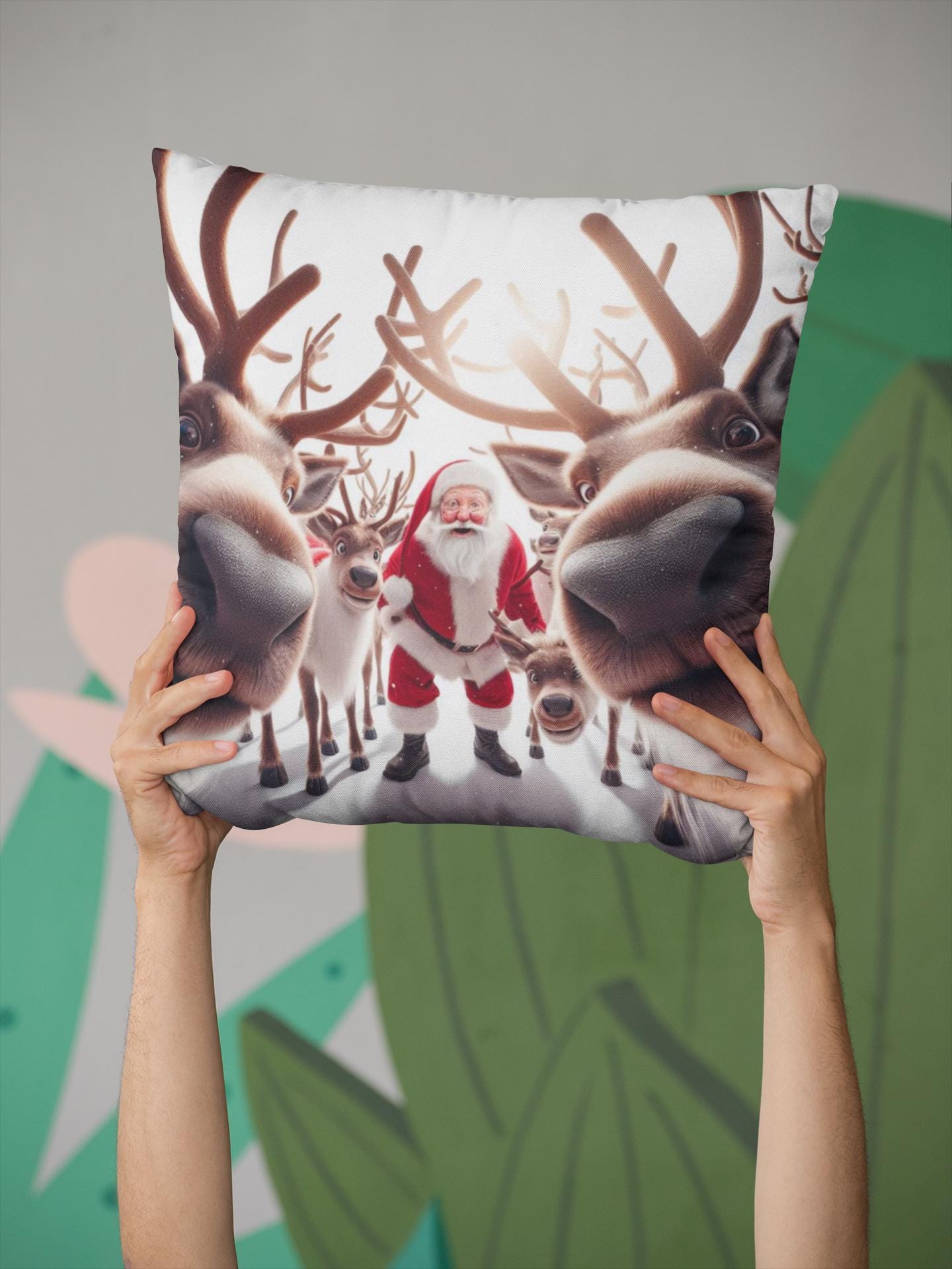 Fun Christmas Reindeer Cushion. Unique home decor this festive season with my fun images created by myself.