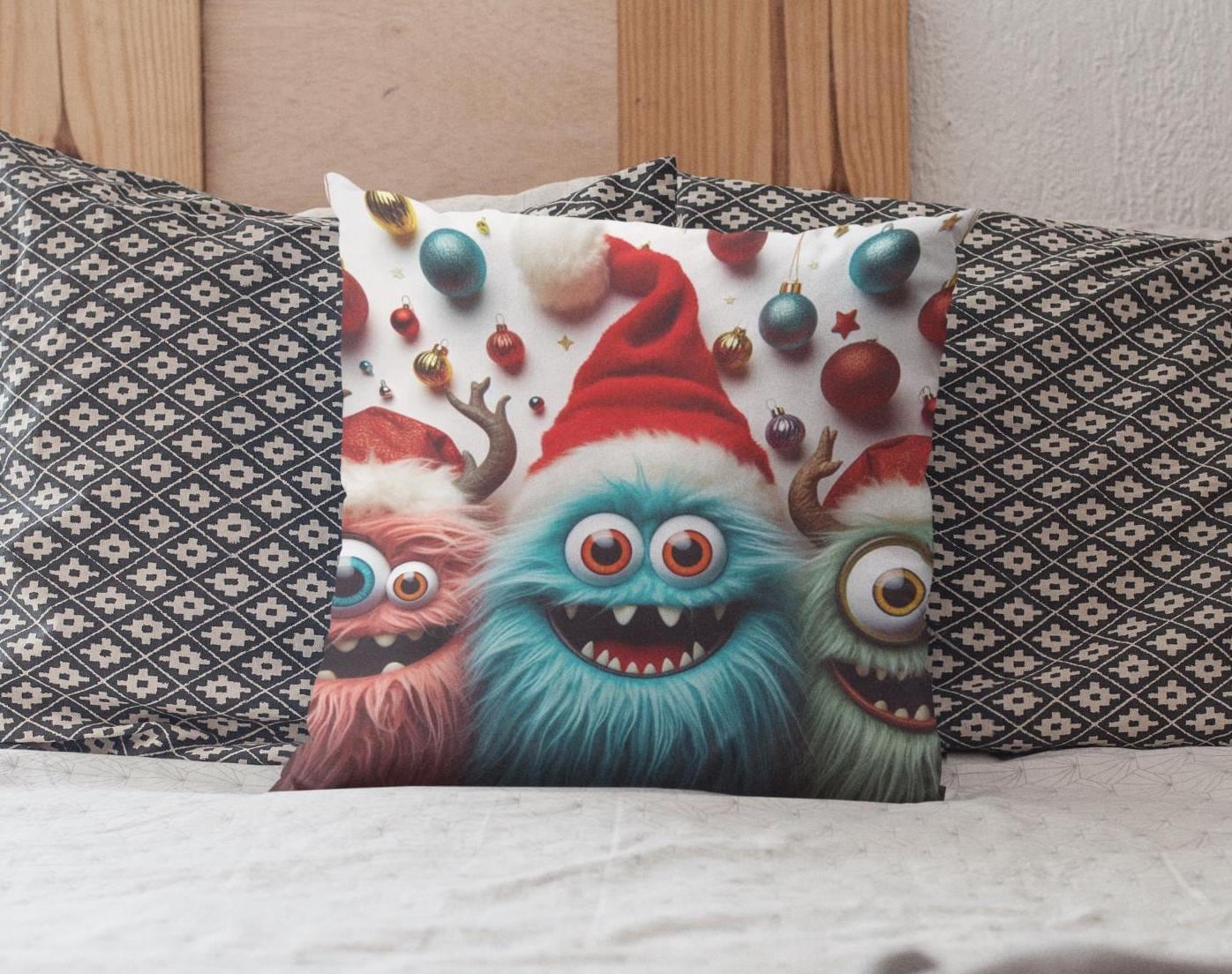 Fun Monster Christmas Cushion. Unique home decor this festive season with my fun images created by myself.