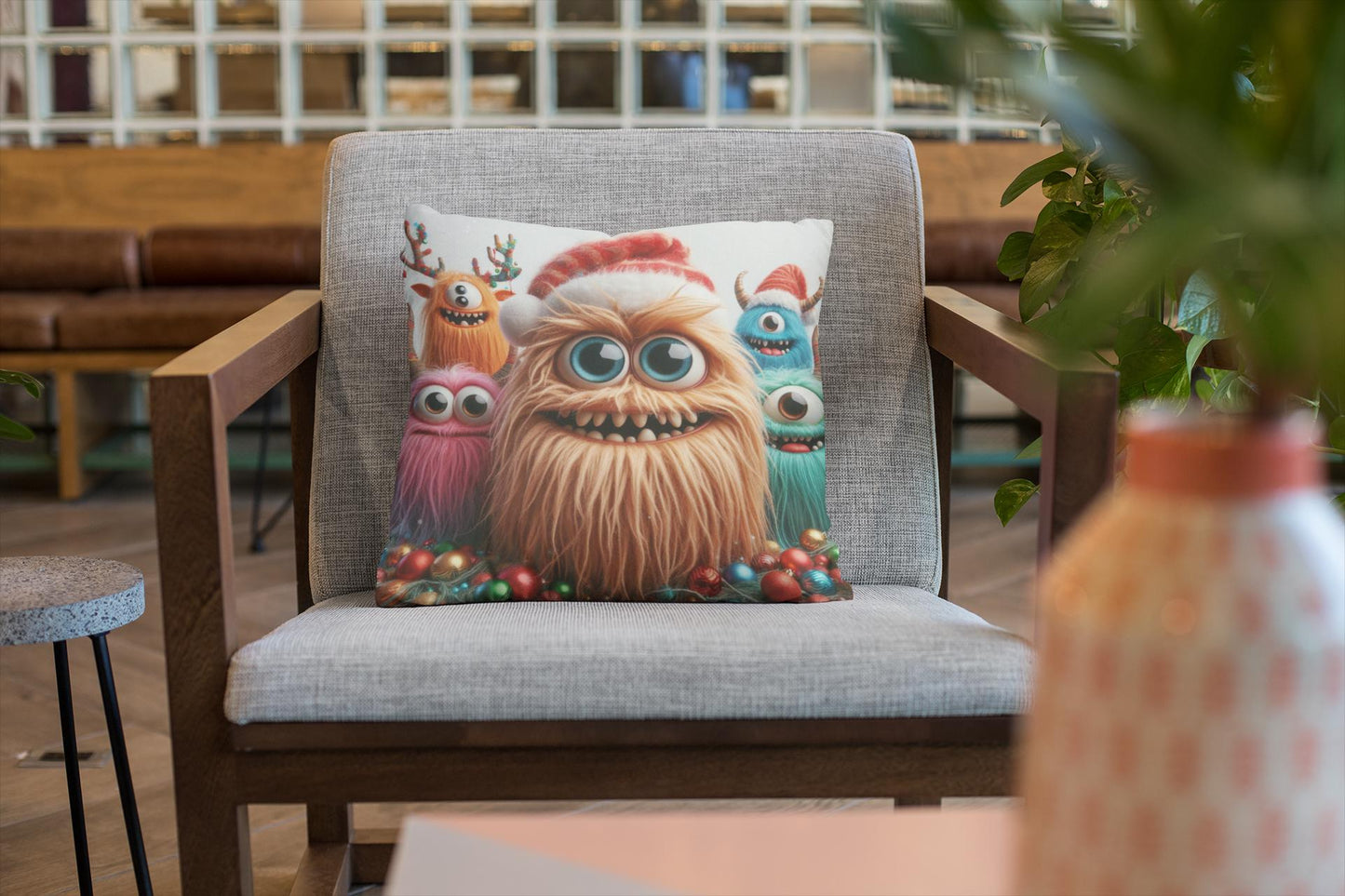 Fun Monster Christmas Cushion. Unique home decor this festive season with my fun images created by myself.