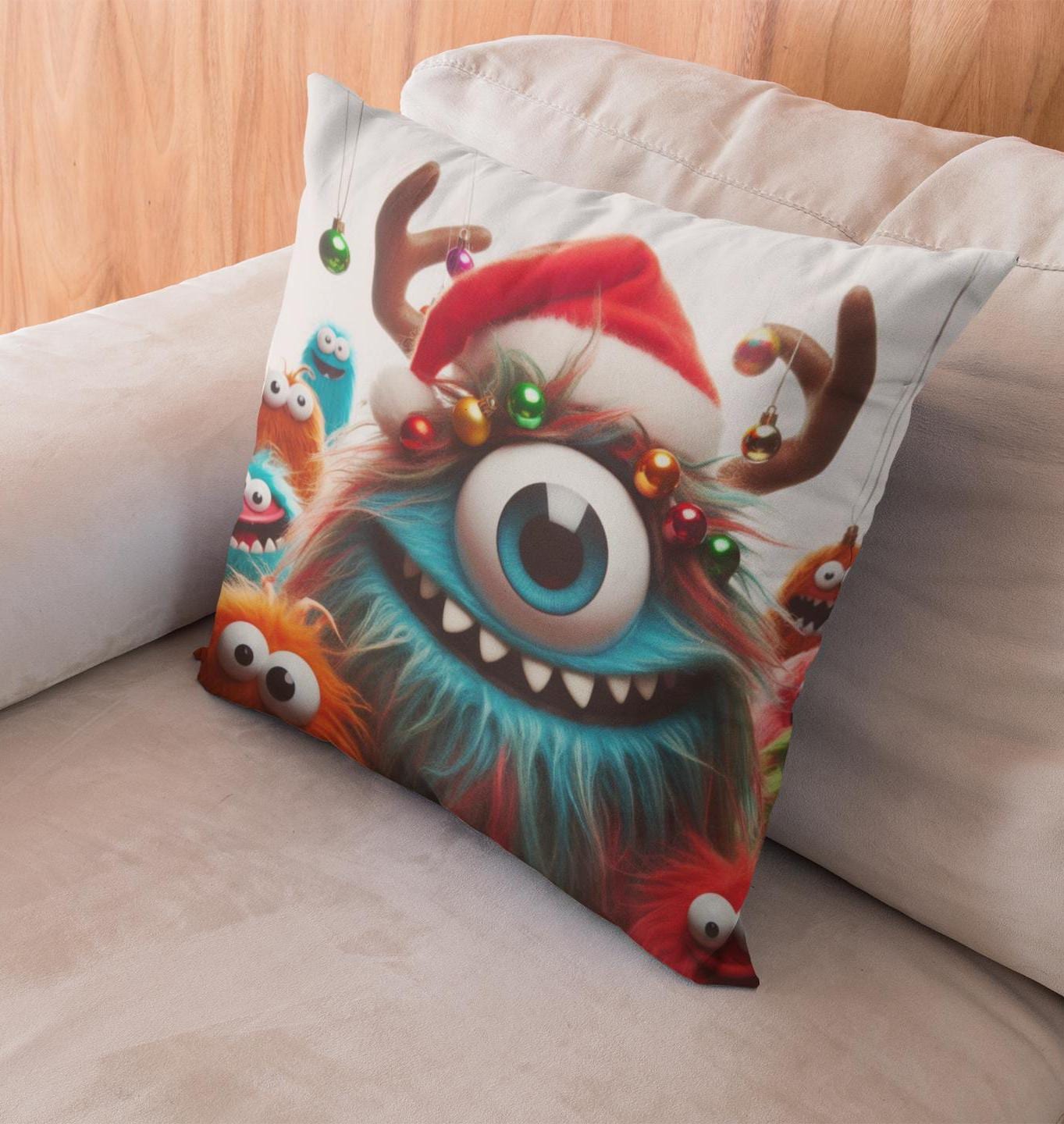 Fun Monster Christmas Cushion. Unique home decor this festive season with my fun images created by myself.